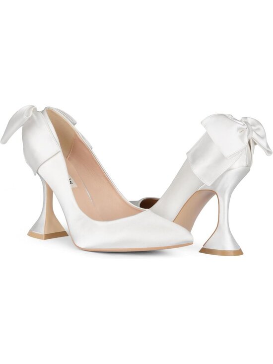 Shoes - Women's White Bow(Silk) Flare Heels Pointed Closed Toe Chunky Pumps Party Shoes